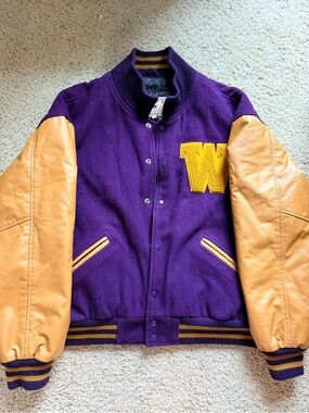 Maverick Wool Leather Varsity Letterman Jacket Purple Gold Men’s 2XL